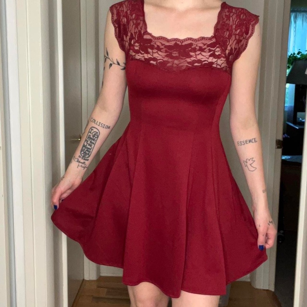 Lace fairy skater style dress , red mini dress , fit and flare dress ,lace dress